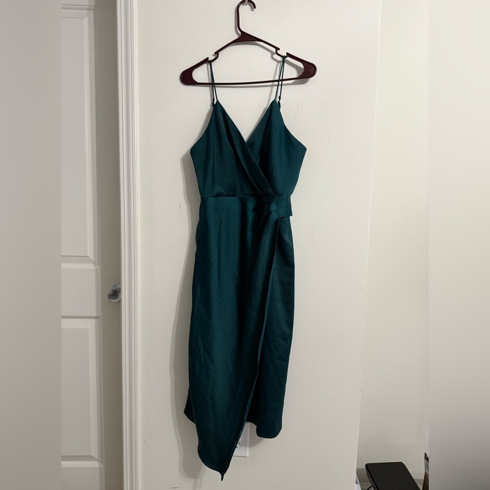 Lulus‎ Dark Teal Satin Asymmetric Midi Dress Glam Cocktail Fairy Whimsigoth M